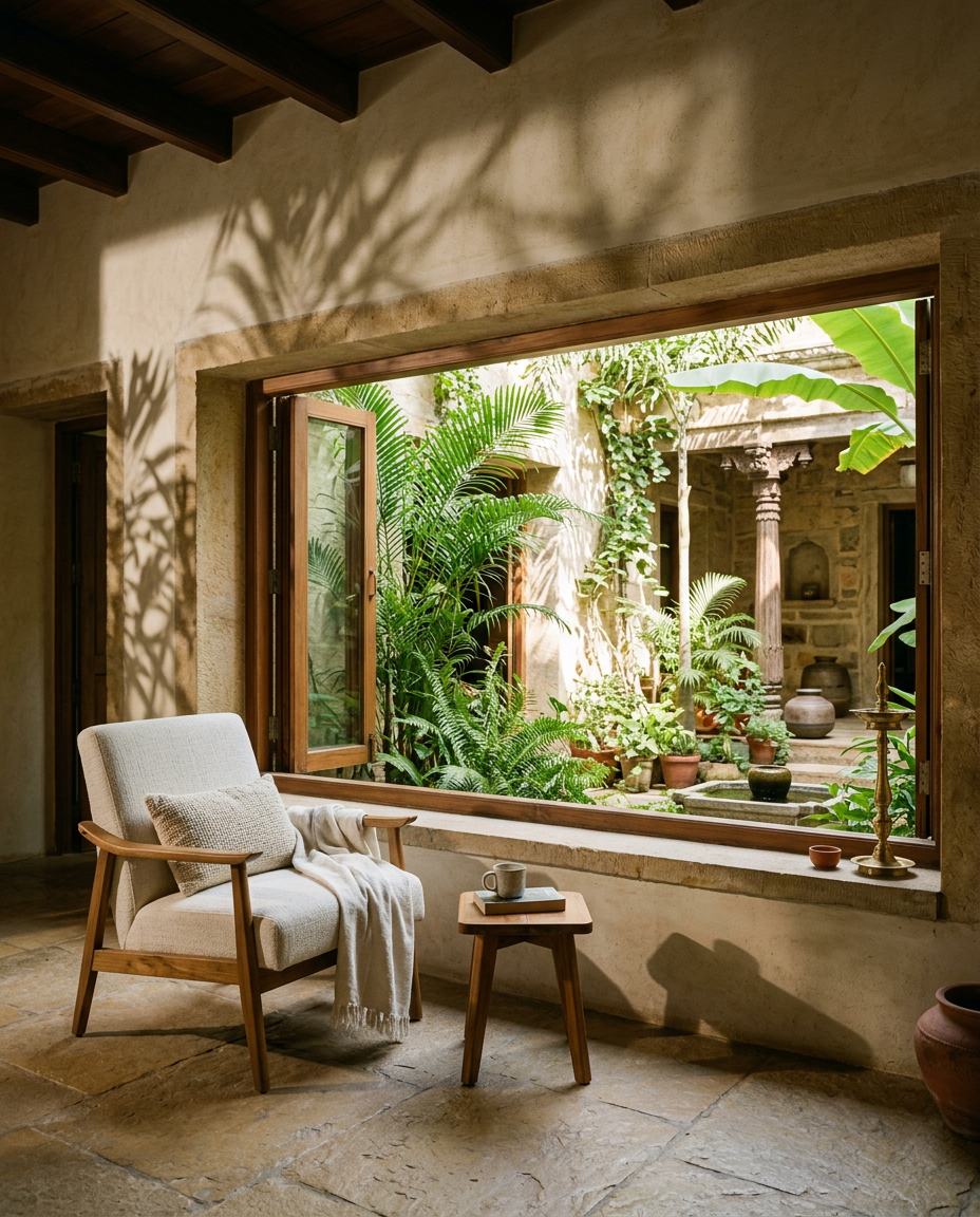 Architectural living room with warm wood and stone finishes