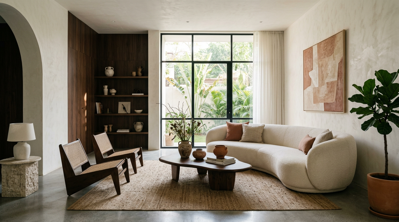 Warm contemporary living room with natural light and wood details
